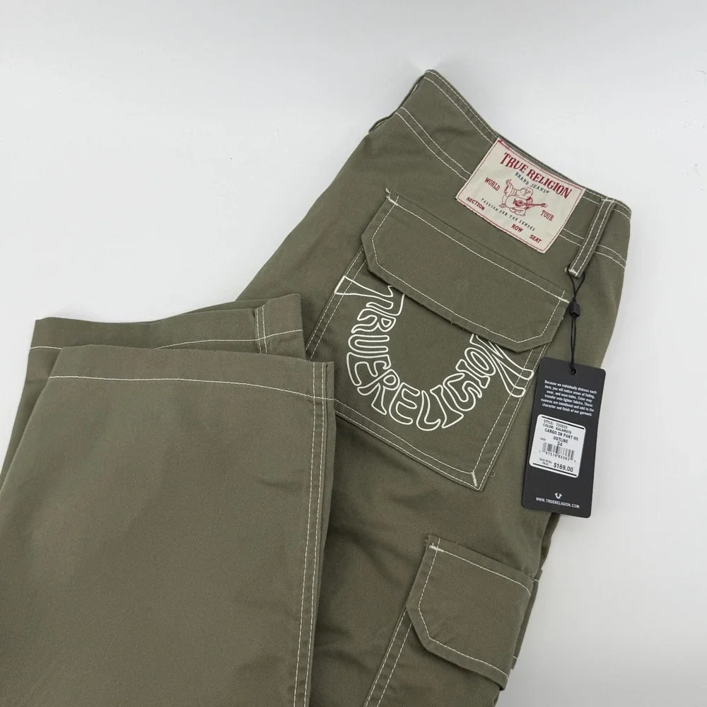 $169 NEW True Religion Kalamata Cargo Pant Men 34 36x32 Olive Green White Stitch